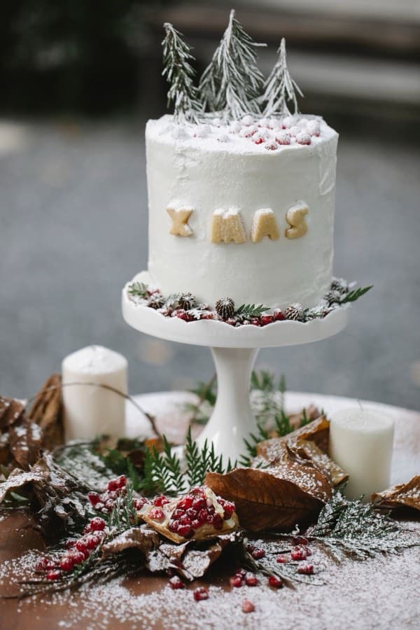 A dark, dense fruit cake dusted for Christmas, thick slices showing soaked fruit through the crumb