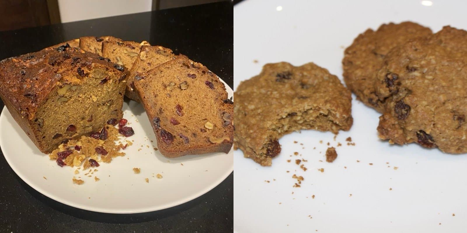 Thick slices of cranberry and walnut loaf cake on a white plate, beside oatmeal and raisin cookies with one bitten